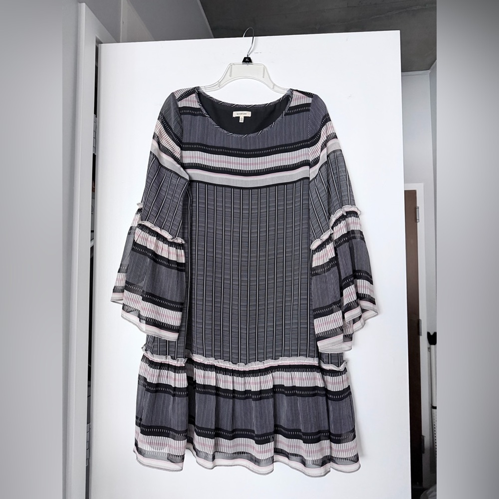 Max studio dress black with white and pink boho with ruffled sleeves semi sheer